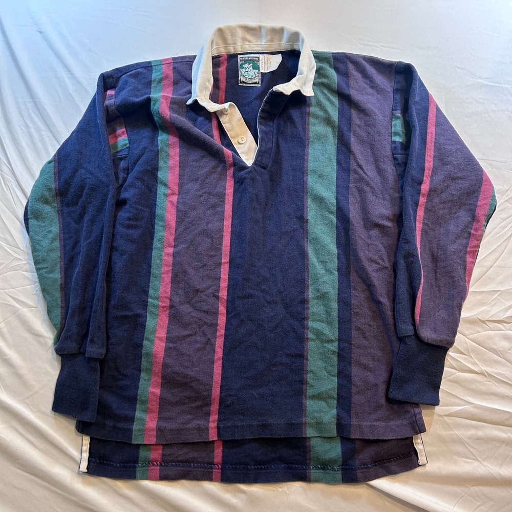 Vintage Barbarian Rugby Wear Striped Long Sleeve Shirt Navy Purple Teal Mens L